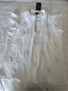 Cocomo White Ruffle Sleeve Top with Butterfly Bead Detail